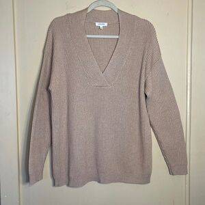 Cashmere Taupe Ribbed Cotton Blend V-Neck Sweater